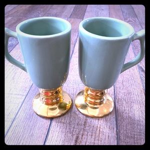 2 Hall China Footed Gold & Green Irish Coffee Mugs w Handles Vintage Made USA 6”